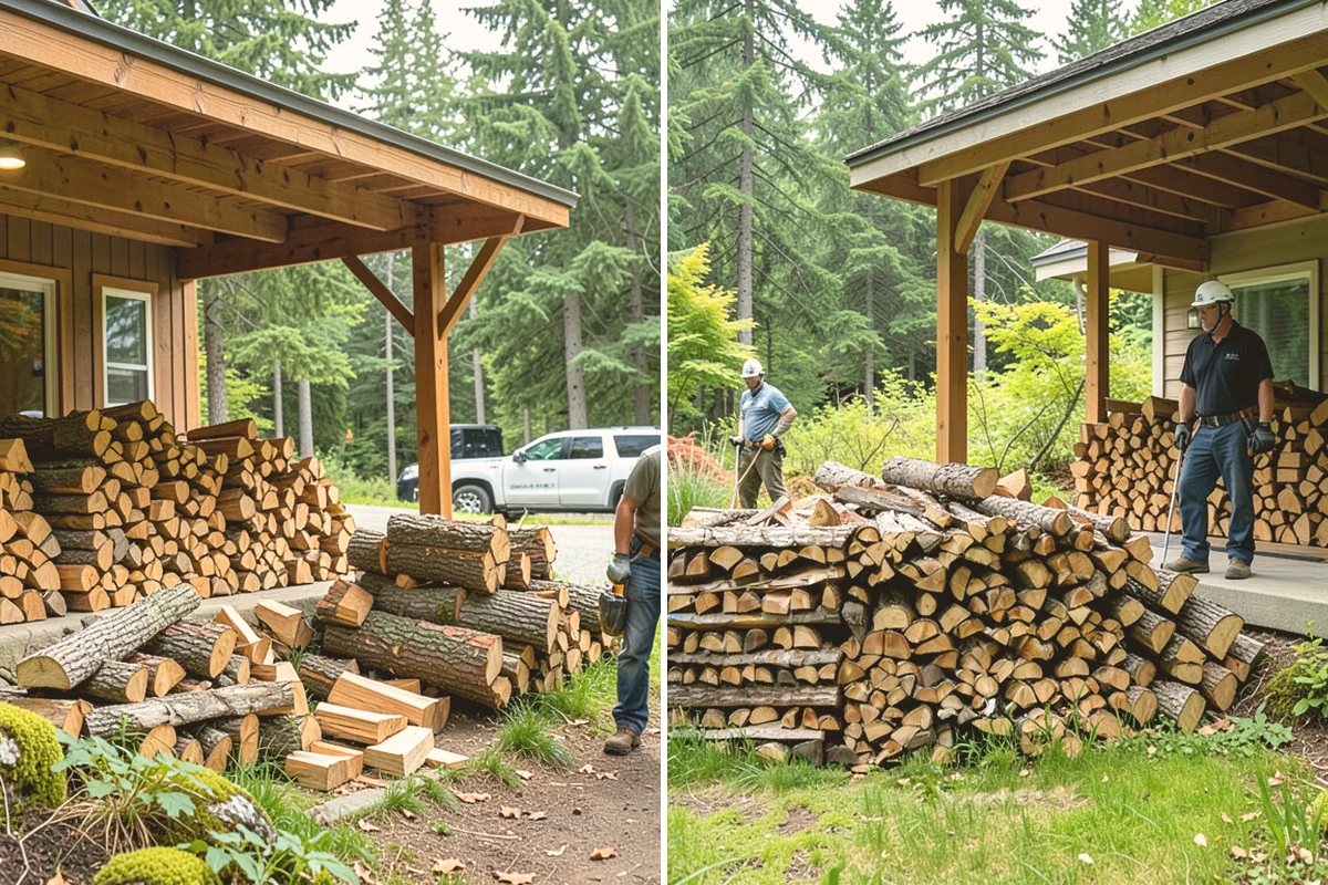 Air-Dried Firewood in Langley, Island County, WA - Rounds are split and stacked off the ground