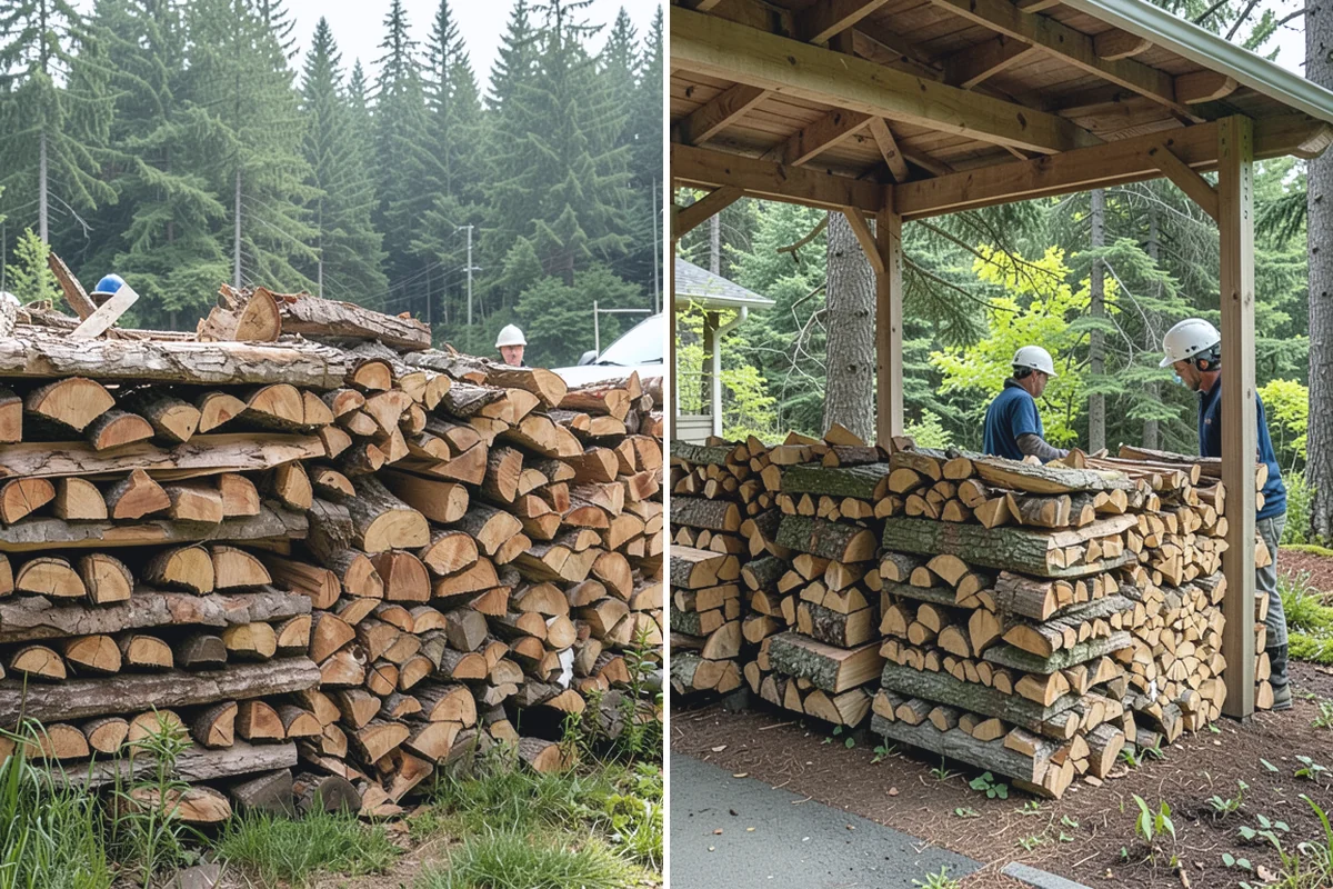 Air-Dried Firewood in Roy, Pierce County, WA - Rounds are split and stacked off the ground