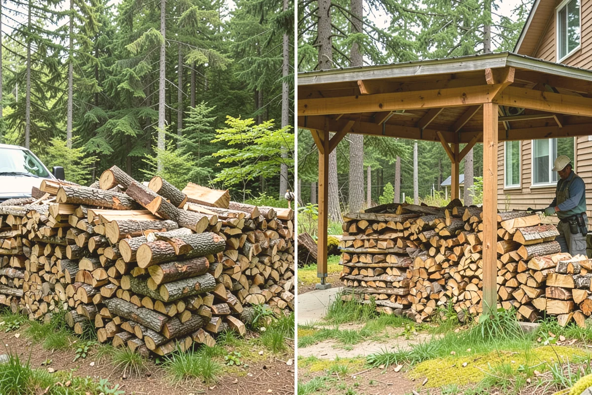 Air-Dried Firewood in Sammamish, King County, WA - Rounds are split and stacked off the ground