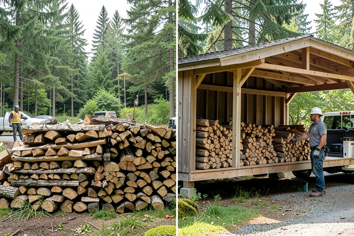 Air-Dried Firewood in Shoreline, King County, WA - Rounds are split and stacked off the ground
