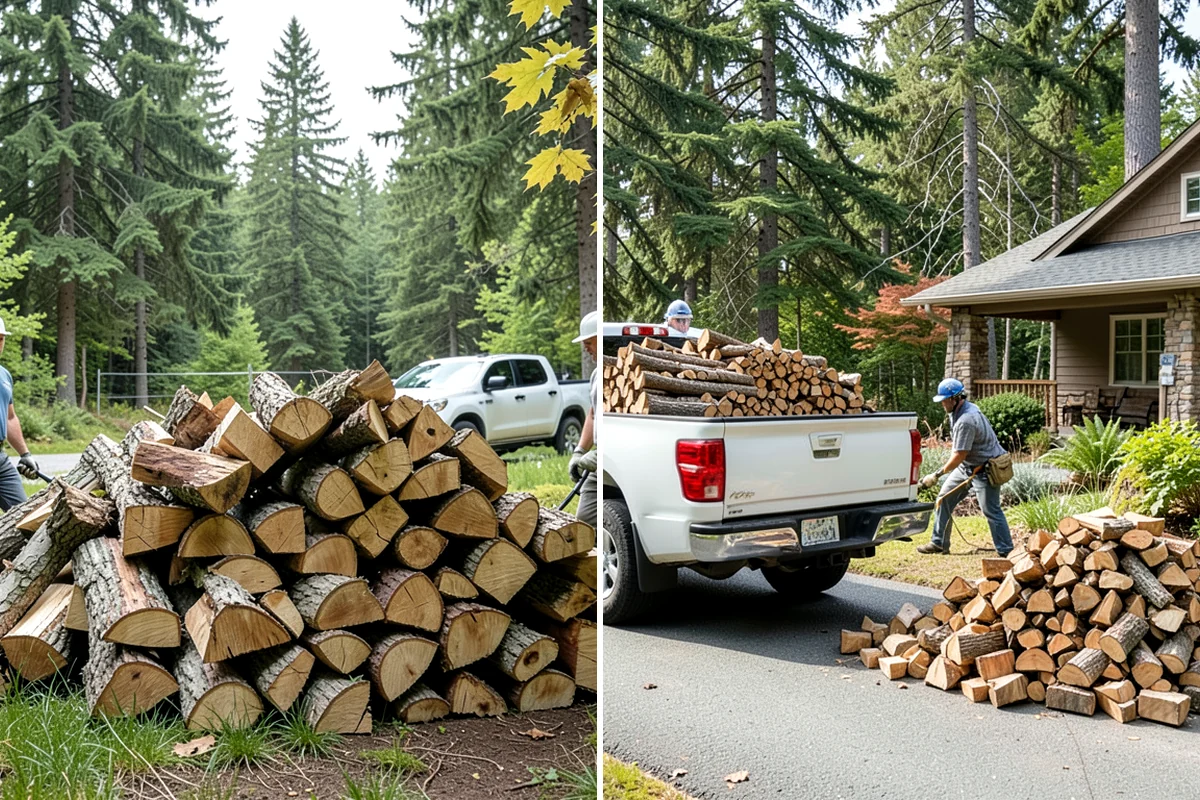 Air-Dried Firewood in Snoqualmie, King County, WA - Rounds are split and stacked off the ground