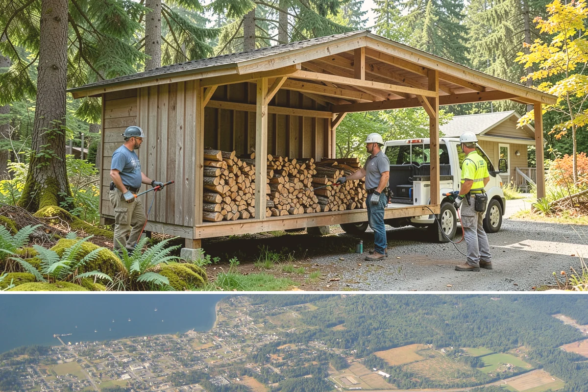 Covered Firewood Storage in Coupeville, Island County, WA - Put covered storage in place before the fall rains to protect summer-seasoned wood.