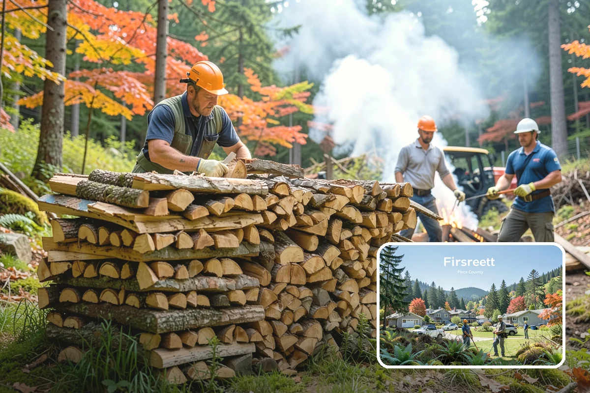 Firewood Debris Cleanup in Fircrest, Pierce County, WA - Removes trip hazards from wet, cluttered ground