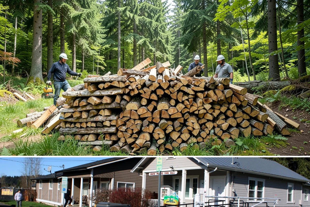 Firewood Processing in South Prairie, Pierce County, WA - Processing in the dry months lets the finished stack season fully before winter burning.
