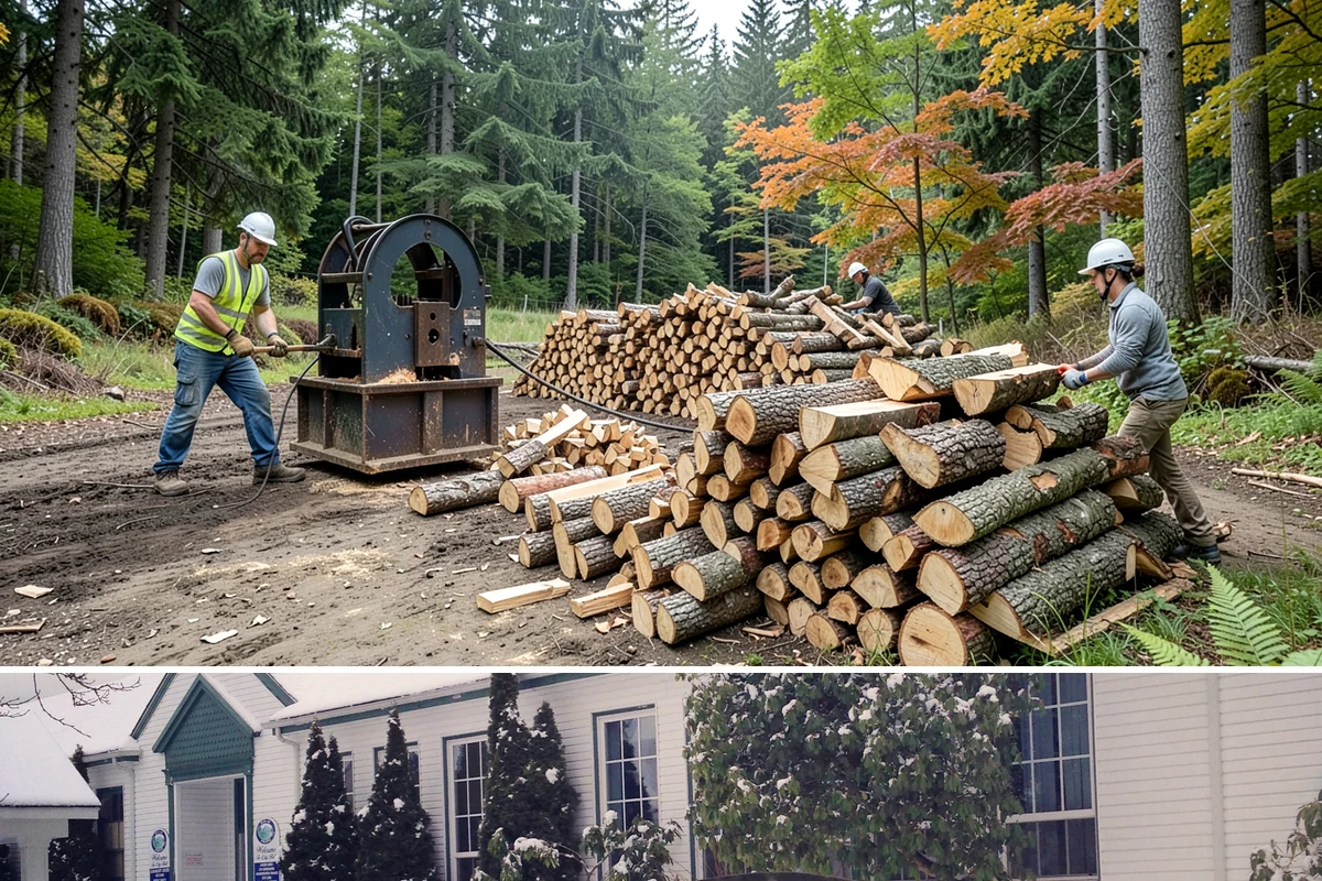 Firewood Processor Service in Pacific, King County, WA - Best for fall and winter bulk processing or clearing large volumes of downed wood after major storms.
