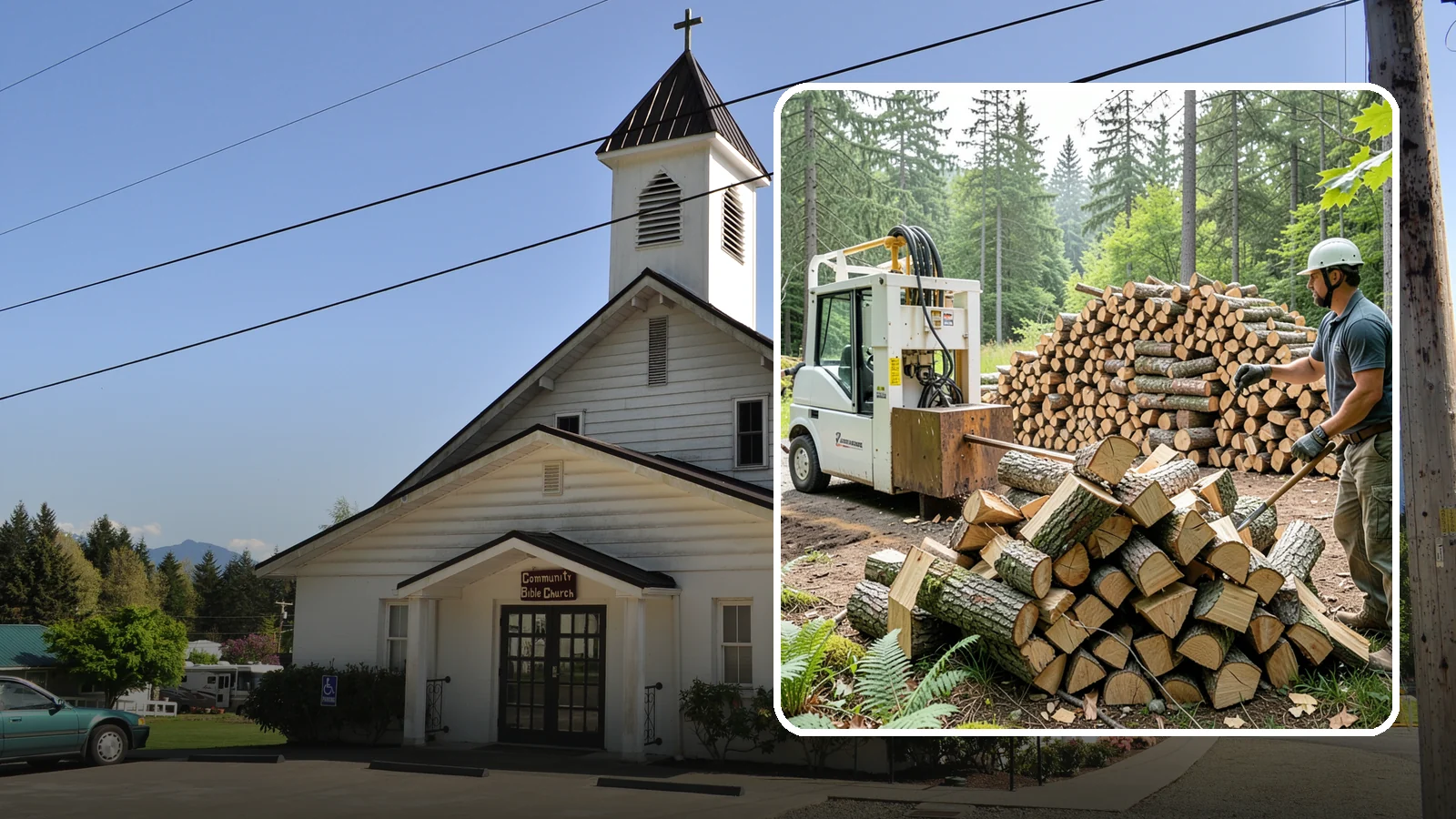 Hydraulic Log Splitting in Concrete, Skagit County, WA - We use a hydraulic splitter to power through large, dense, or knotty rounds that resist hand splitting.