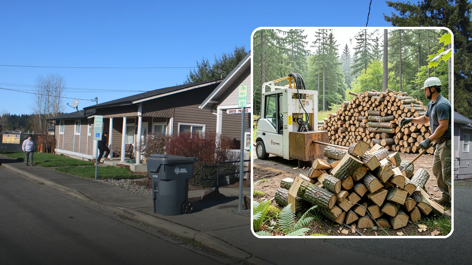 Hydraulic Log Splitting in South Prairie, Pierce County, WA - We use a hydraulic splitter to power through large, dense, or knotty rounds that resist hand splitting.