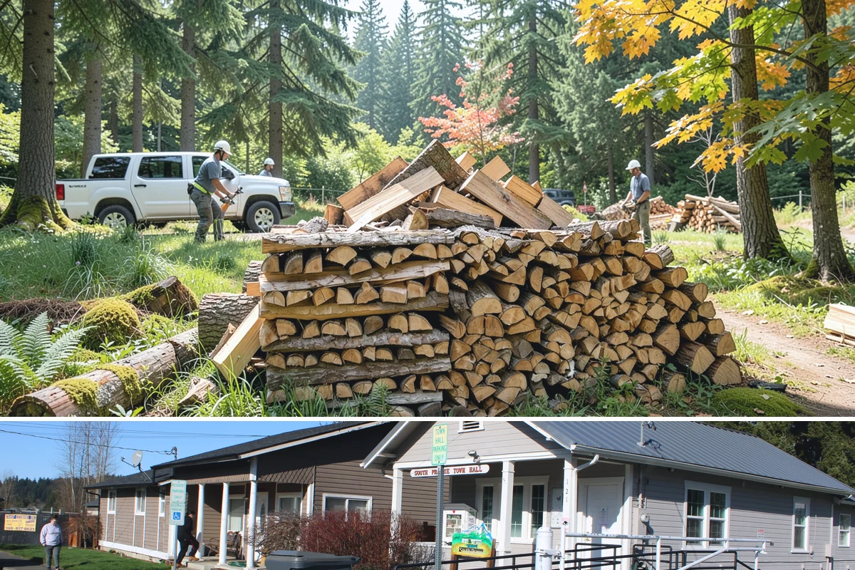 Hydraulic Log Splitting in South Prairie, Pierce County, WA - Available year-round, with strong demand in fall and winter when large storm rounds need breaking down for the season.