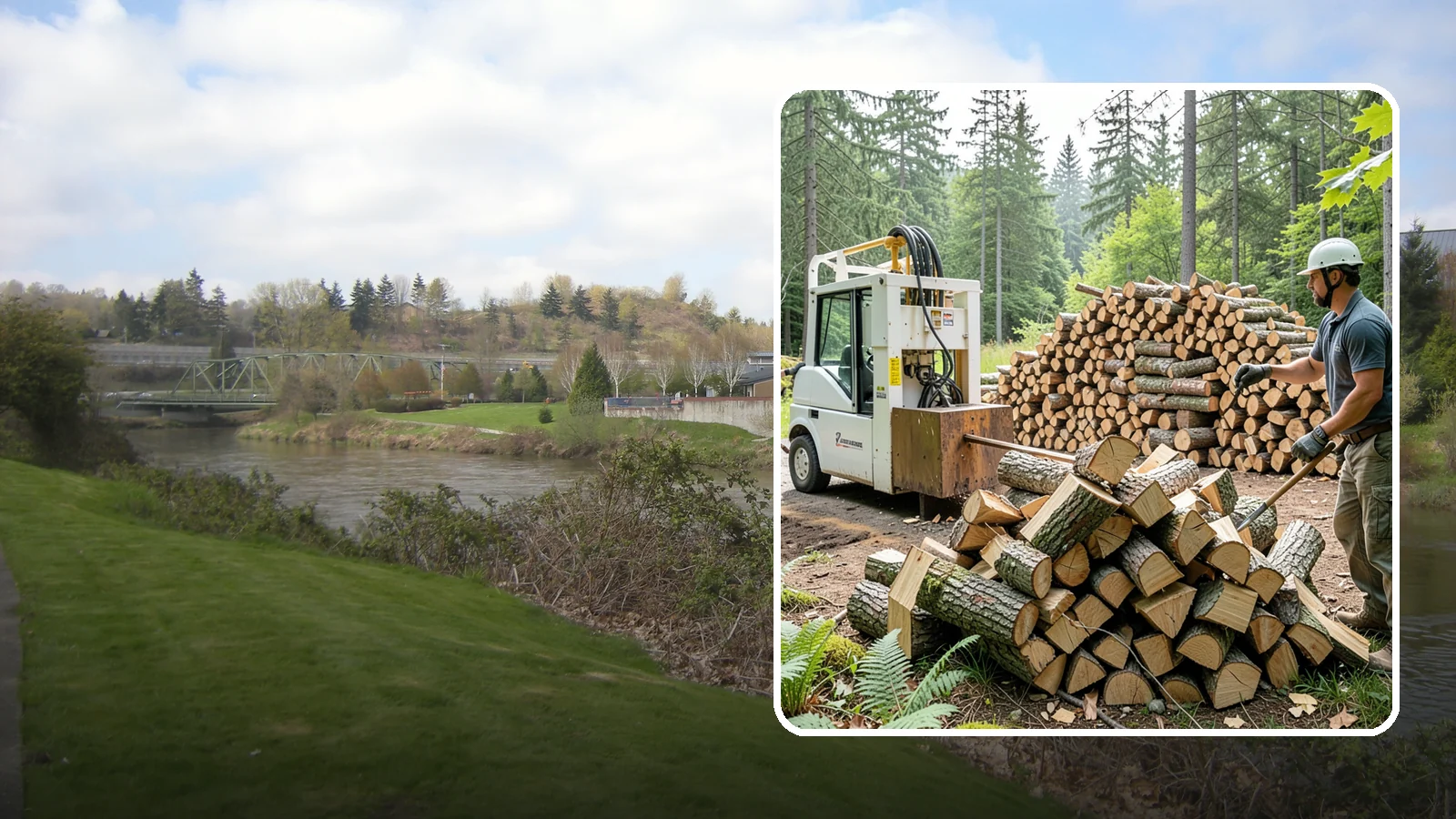 Hydraulic Log Splitting in Tukwila, King County, WA - We use a hydraulic splitter to power through large, dense, or knotty rounds that resist hand splitting.