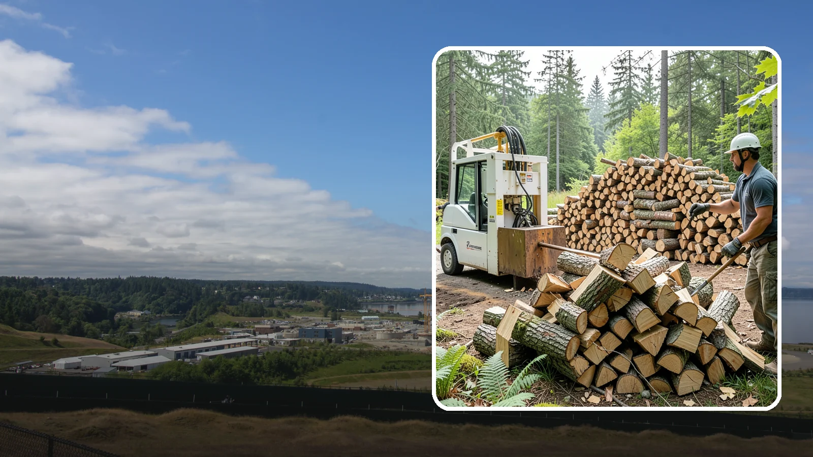Hydraulic Log Splitting in University Place, Pierce County, WA - We use a hydraulic splitter to power through large, dense, or knotty rounds that resist hand splitting.