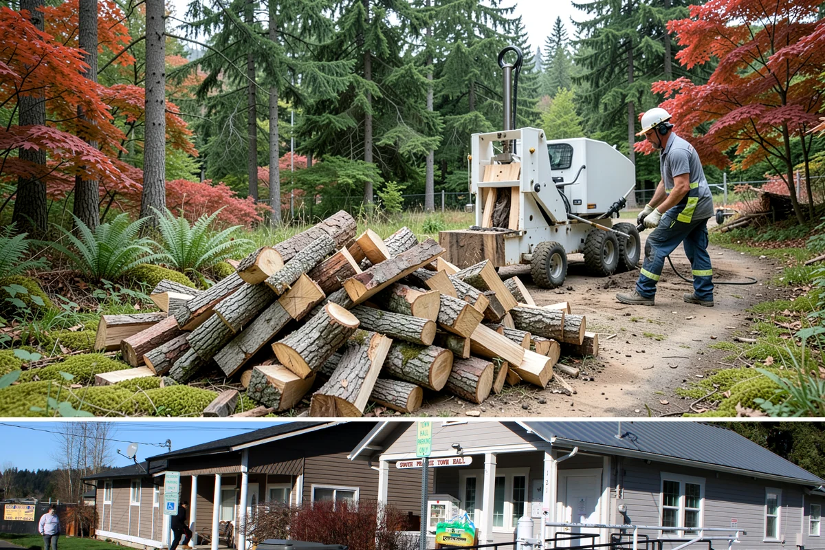 Log Bucking Service in South Prairie, Pierce County, WA - This works year-round, though many book after fall and winter storms drop trees that need bucking into rounds.
