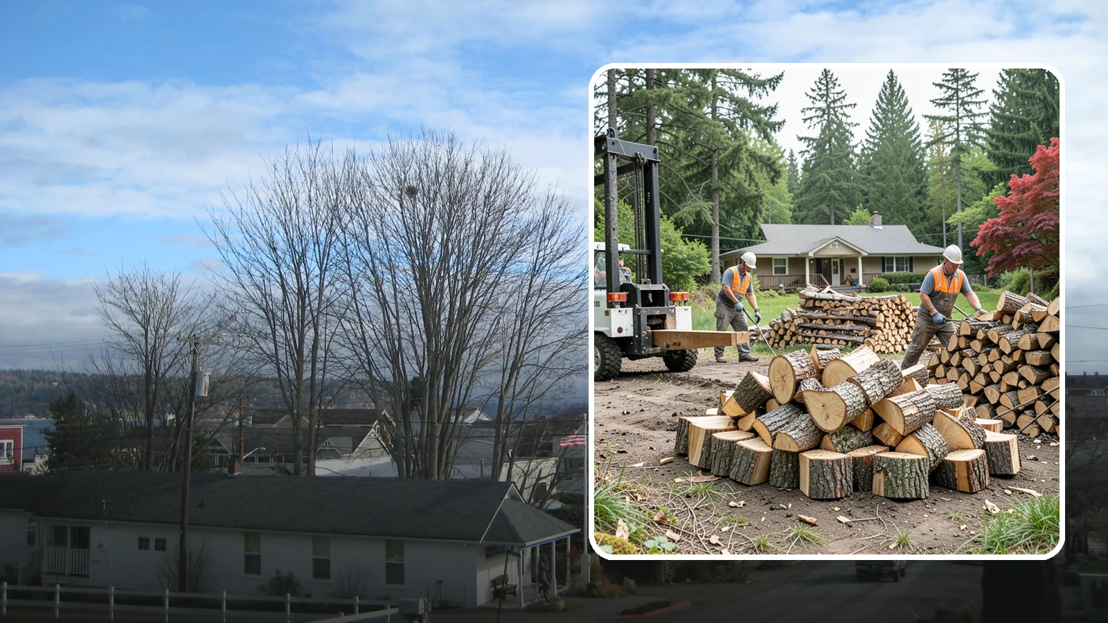 Log Splitting Service in Langley, Island County, WA - We bring the equipment and crew to split your logs into clean, stackable firewood right where they sit.