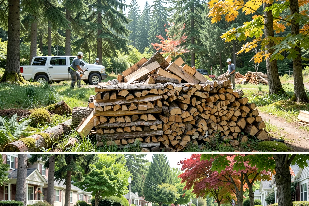 On-Site Firewood Milling in Beaux Arts Village, King County, WA - Milling before summer gives large volumes the dry months needed to season for winter.