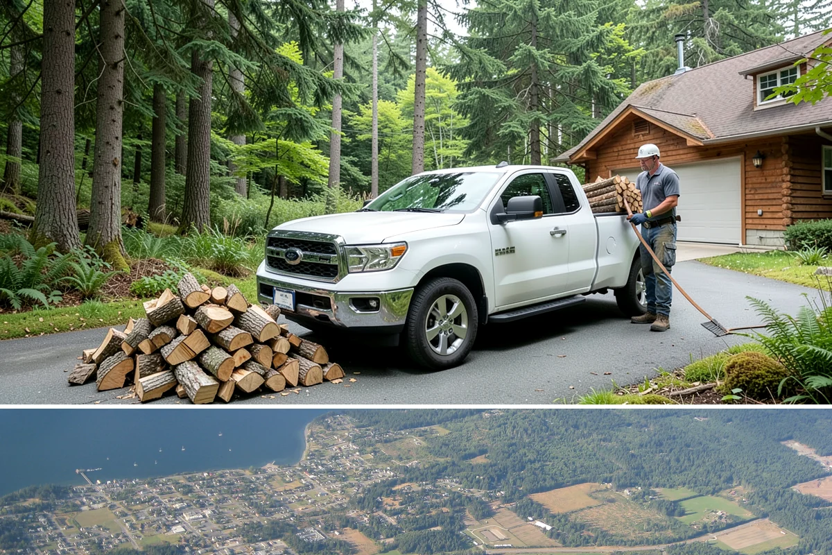 On-Site Firewood Milling in Coupeville, Island County, WA - Milling before summer gives large volumes the dry months needed to season for winter.