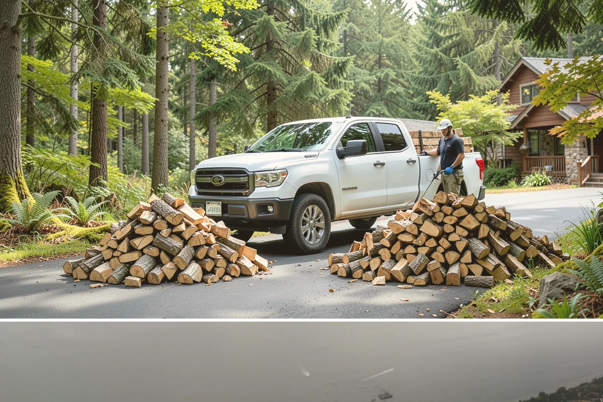 On-Site Firewood Milling in Des Moines, King County, WA - Milling before summer gives large volumes the dry months needed to season for winter.