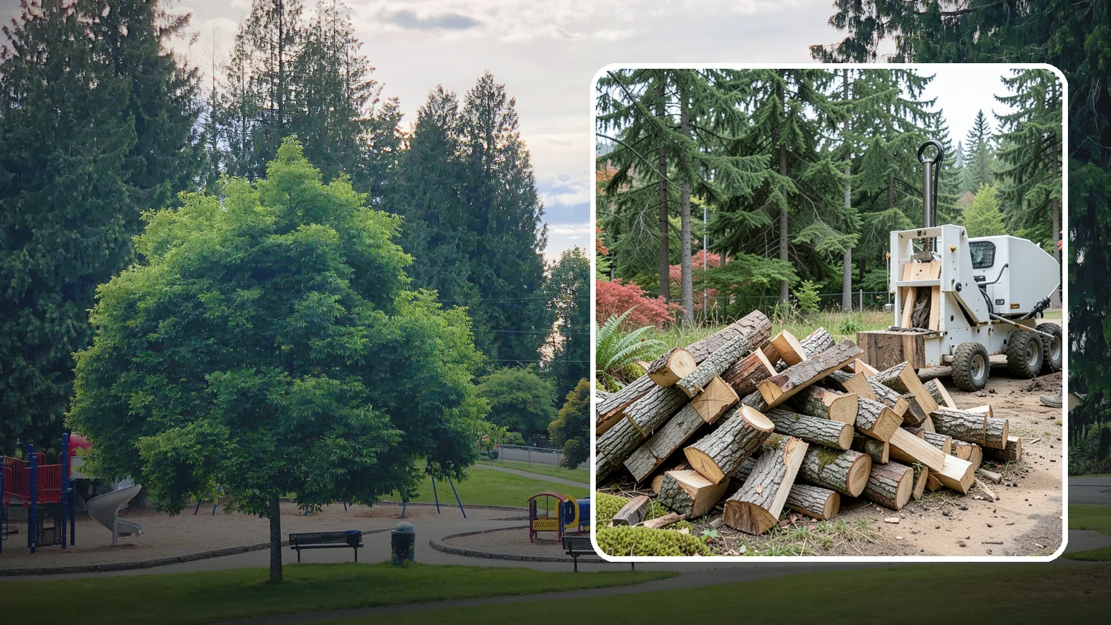 Portable Log Splitting in Bonney Lake, Pierce County, WA - We bring a portable splitter directly to your property to process logs wherever they landed.