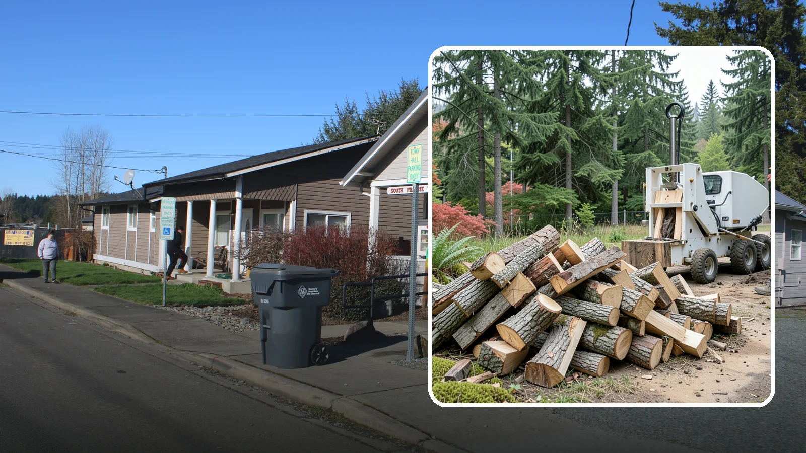 Portable Log Splitting in South Prairie, Pierce County, WA - We bring a portable splitter directly to your property to process logs wherever they landed.