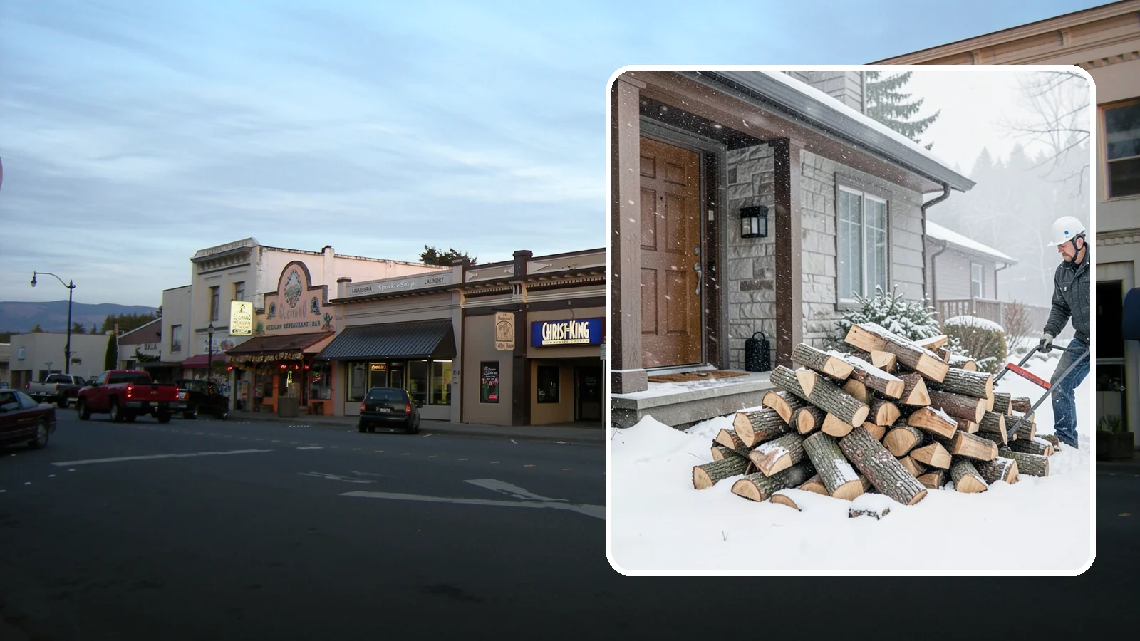 Snowstorm Firewood in Burlington, Skagit County, WA - Before or during a snowstorm, we deliver dry wood so you are stocked while roads and travel shut down.