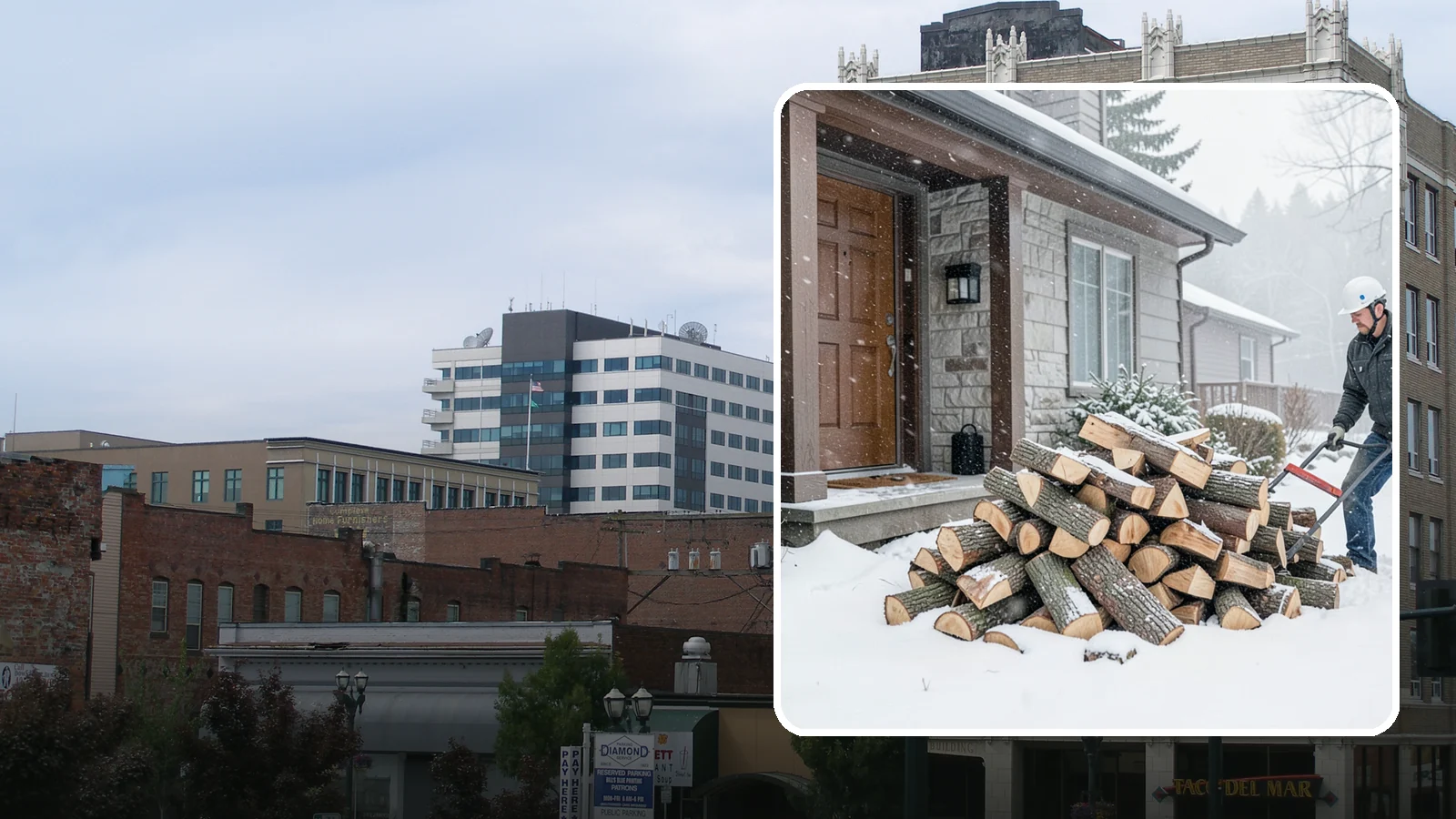 Snowstorm Firewood in Everett, Snohomish County, WA - Before or during a snowstorm, we deliver dry wood so you are stocked while roads and travel shut down.