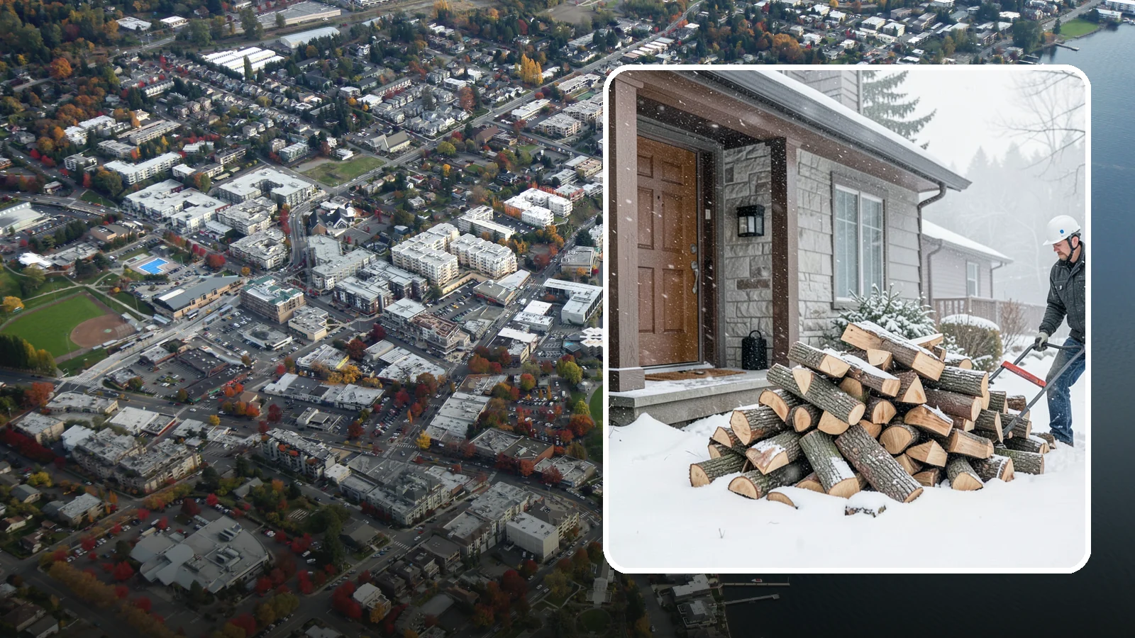 Snowstorm Firewood in Kirkland, King County, WA - Before or during a snowstorm, we deliver dry wood so you are stocked while roads and travel shut down.