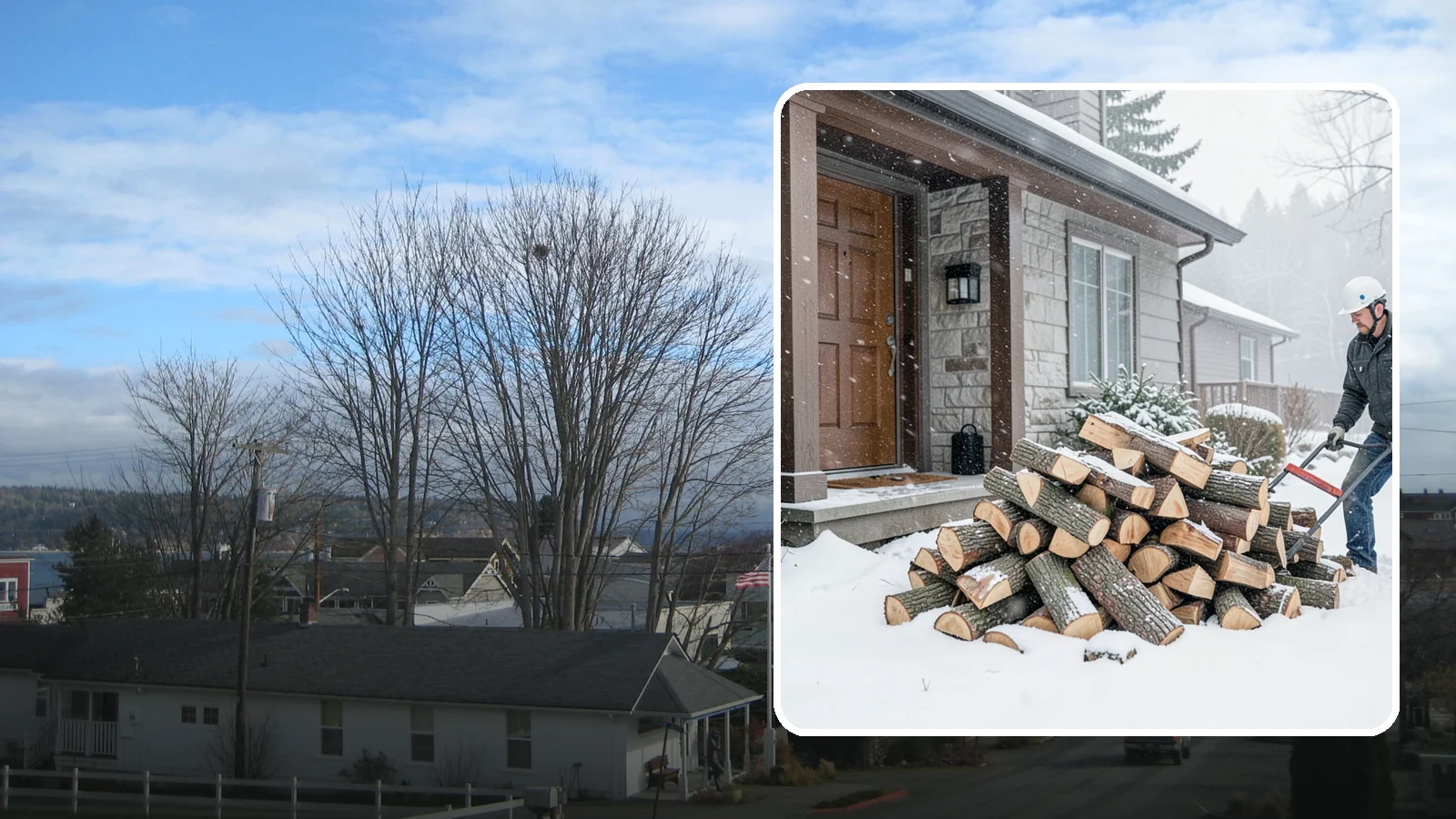 Snowstorm Firewood in Langley, Island County, WA - Before or during a snowstorm, we deliver dry wood so you are stocked while roads and travel shut down.