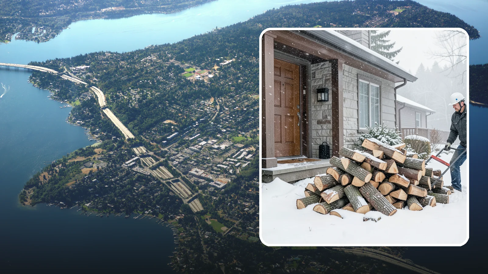 Snowstorm Firewood in Mercer Island, King County, WA - Before or during a snowstorm, we deliver dry wood so you are stocked while roads and travel shut down.