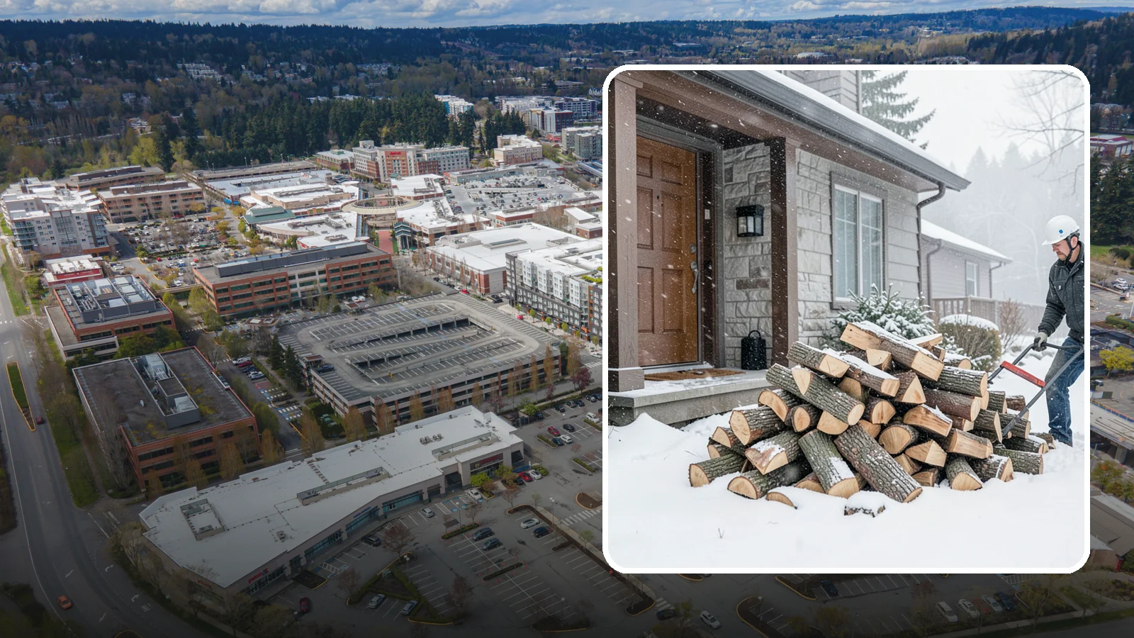 Snowstorm Firewood in Redmond, King County, WA - Before or during a snowstorm, we deliver dry wood so you are stocked while roads and travel shut down.