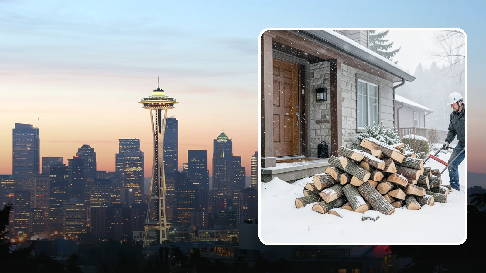Snowstorm Firewood in Seattle, King County, WA - Before or during a snowstorm, we deliver dry wood so you are stocked while roads and travel shut down.
