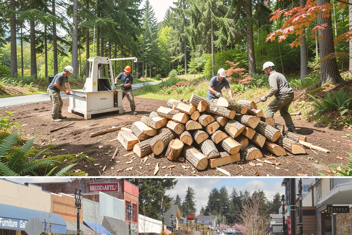 Urban Wood Recycling in Bothell, King County, WA - Recovered wood flows year-round, with demand for the finished firewood rising through fall and winter.