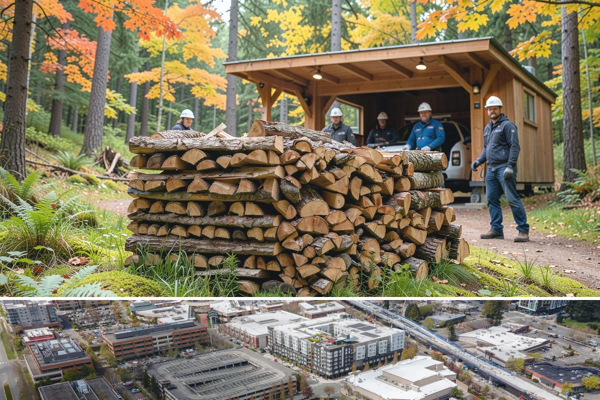 Urban Wood Recycling in Redmond, King County, WA - Recovered wood flows year-round, with demand for the finished firewood rising through fall and winter.
