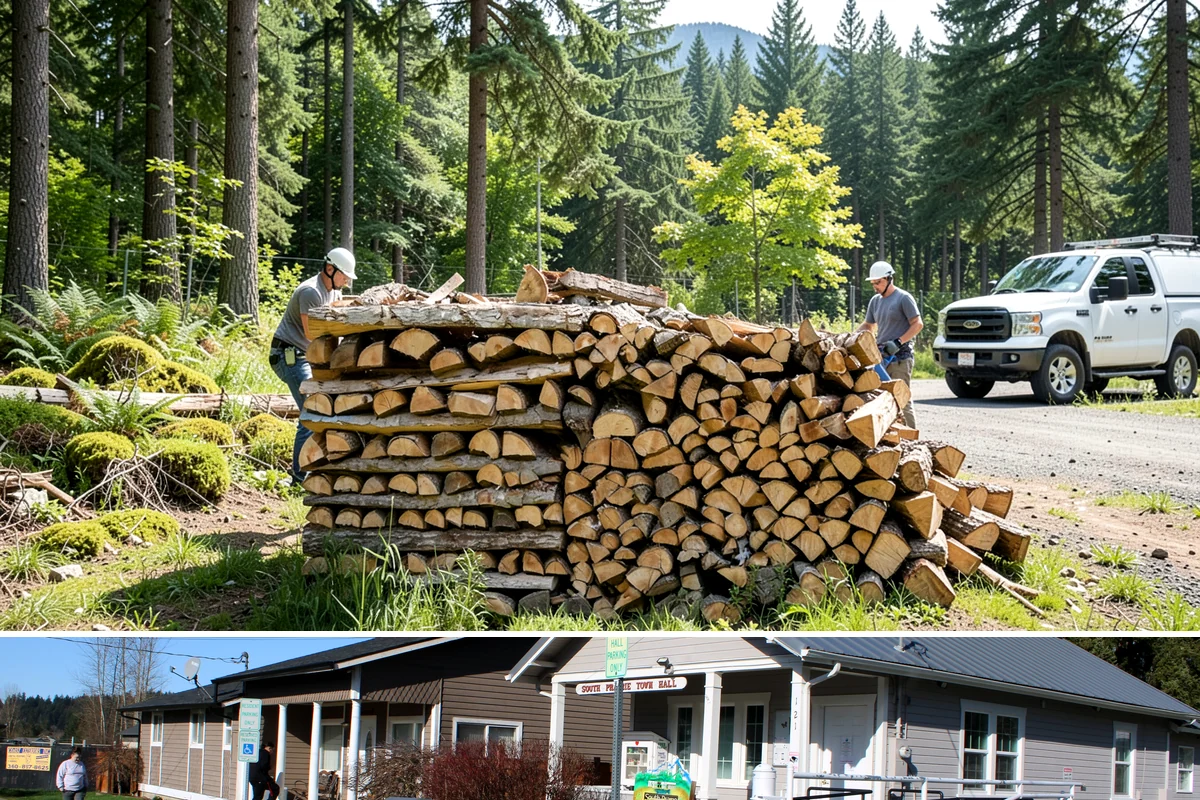 Urban Wood Recycling in South Prairie, Pierce County, WA - Recovered wood flows year-round, with demand for the finished firewood rising through fall and winter.