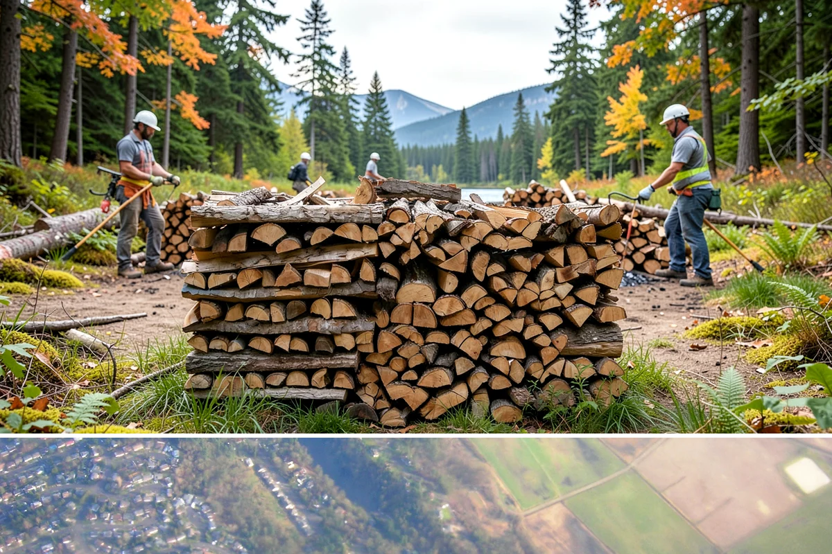 Wood Chip Cleanup in Algona, King County, WA - Anytime after a big splitting session, with spring being popular once winter processing wraps up and the ground firms.