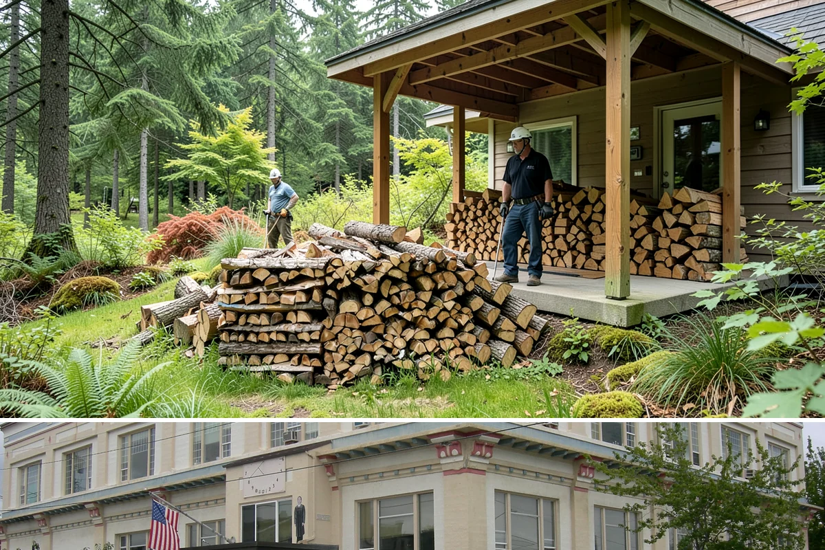 Wood Chip Cleanup in Anacortes, Skagit County, WA - Anytime after a big splitting session, with spring being popular once winter processing wraps up and the ground firms.