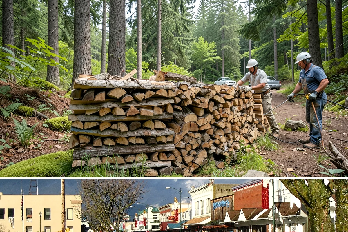 Wood Chip Cleanup in Arlington, Snohomish County, WA - Anytime after a big splitting session, with spring being popular once winter processing wraps up and the ground firms.