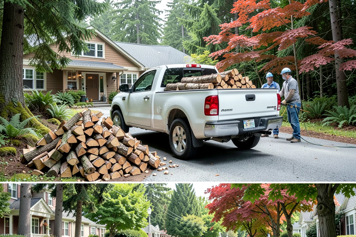 Wood Chip Cleanup in Beaux Arts Village, King County, WA - Anytime after a big splitting session, with spring being popular once winter processing wraps up and the ground firms.