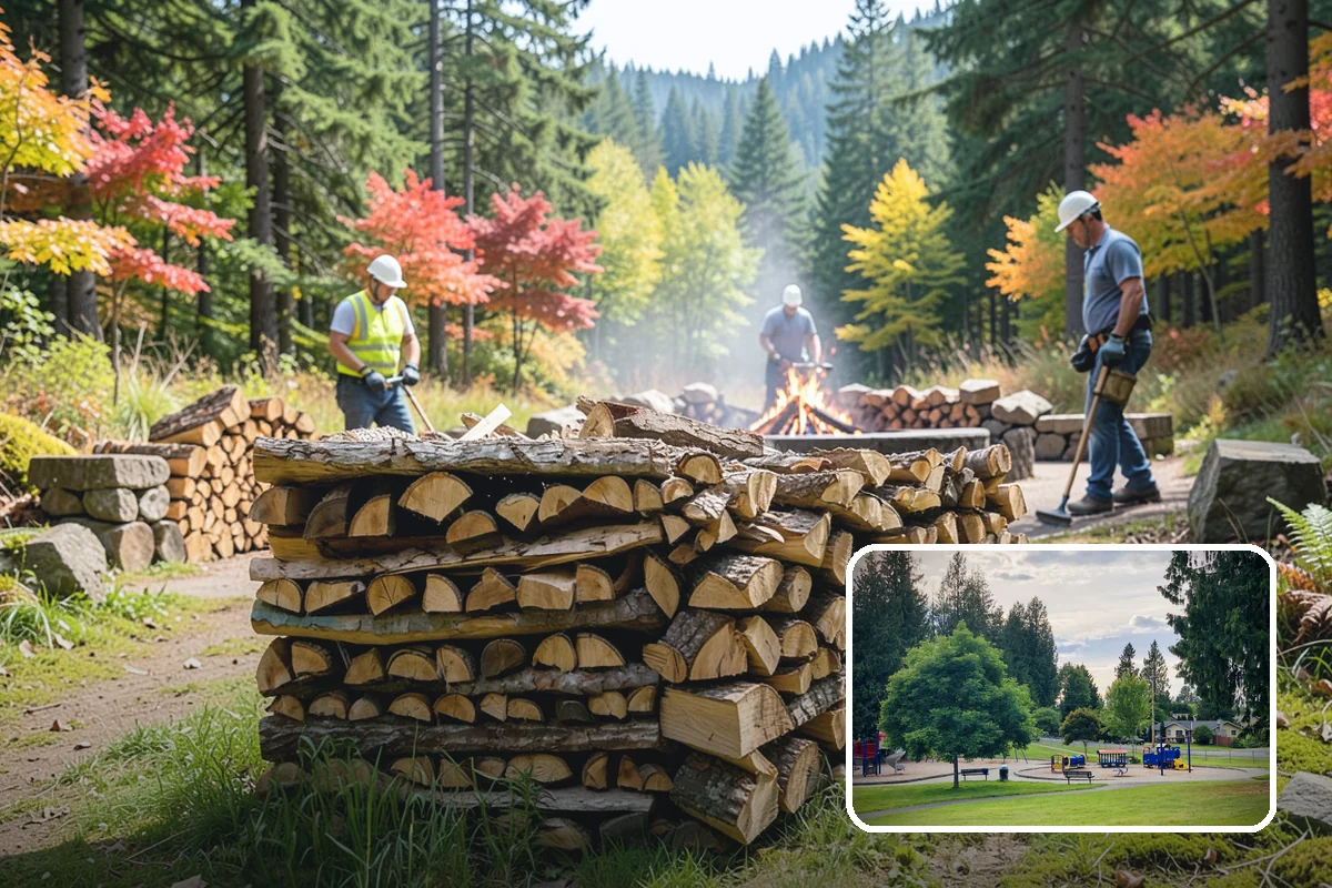 Wood Chip Cleanup in Bonney Lake, Pierce County, WA - Clears cluttered splitting zones for safer footing
