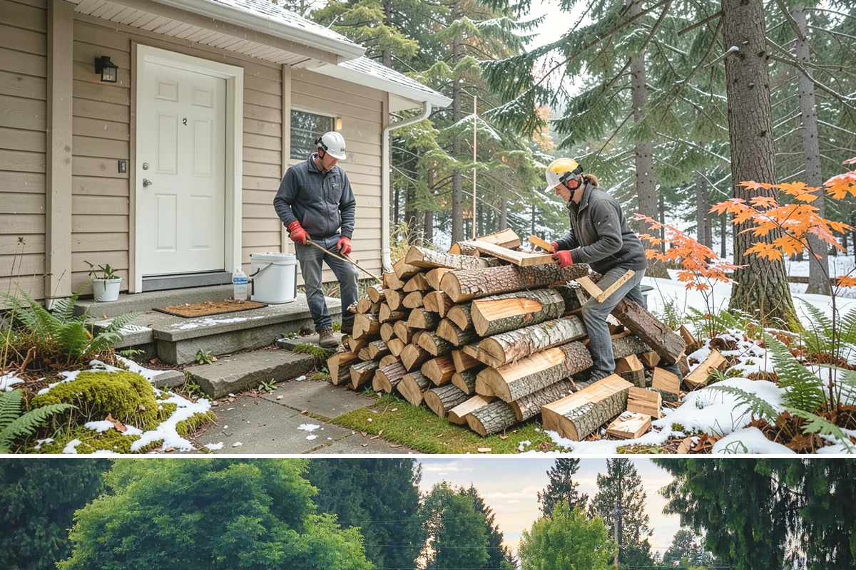 Wood Chip Cleanup in Bonney Lake, Pierce County, WA - Anytime after a big splitting session, with spring being popular once winter processing wraps up and the ground firms.