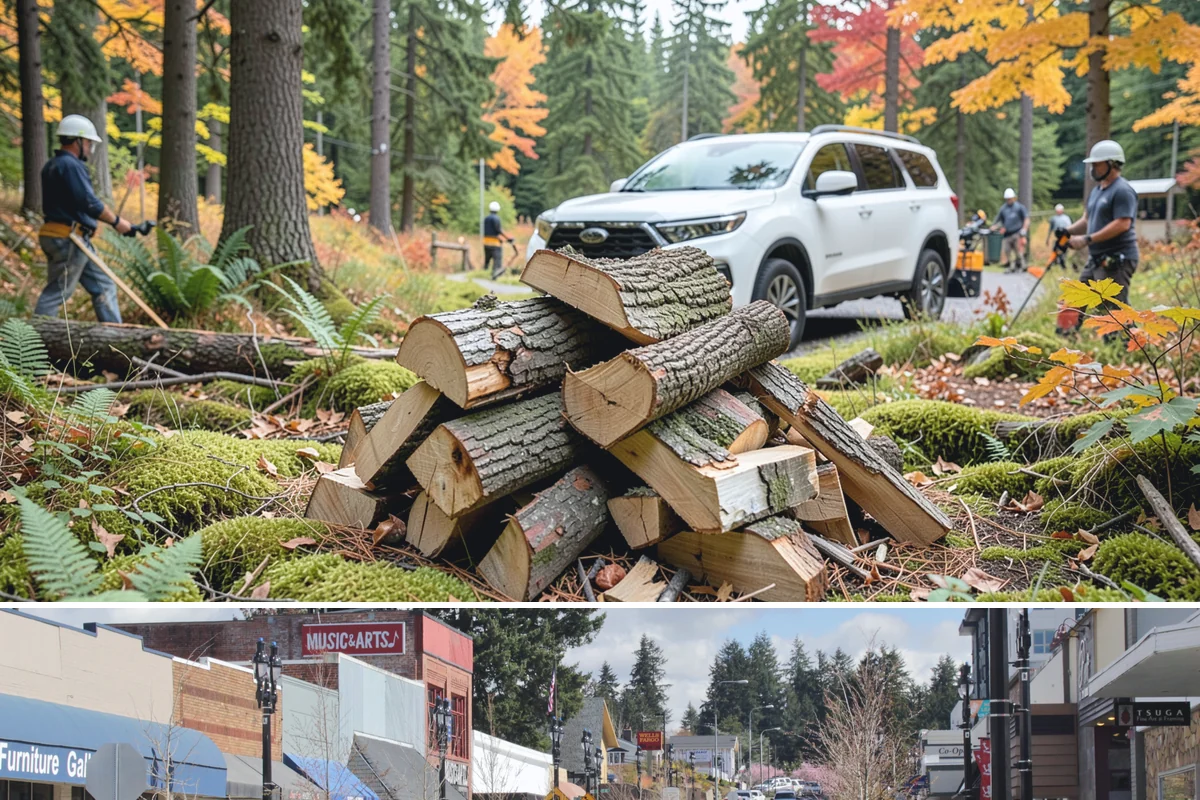 Wood Chip Cleanup in Bothell, King County, WA - Anytime after a big splitting session, with spring being popular once winter processing wraps up and the ground firms.