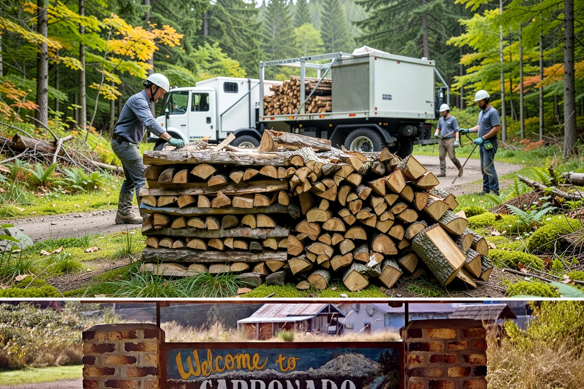 Wood Chip Cleanup in Carbonado, Pierce County, WA - Anytime after a big splitting session, with spring being popular once winter processing wraps up and the ground firms.