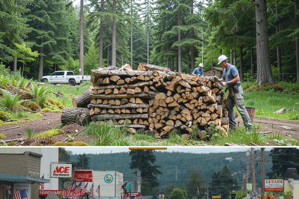 Wood Chip Cleanup in Carnation, King County, WA - Anytime after a big splitting session, with spring being popular once winter processing wraps up and the ground firms.