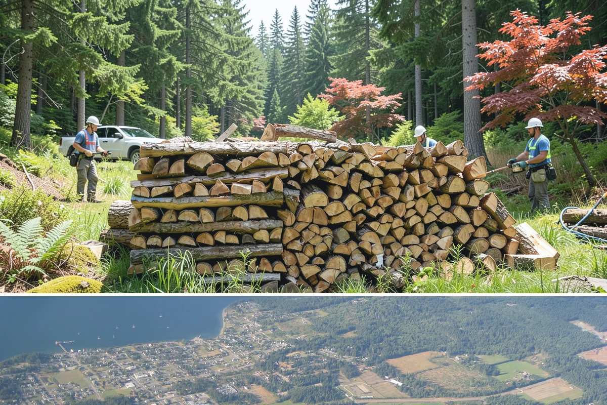 Wood Chip Cleanup in Coupeville, Island County, WA - Anytime after a big splitting session, with spring being popular once winter processing wraps up and the ground firms.
