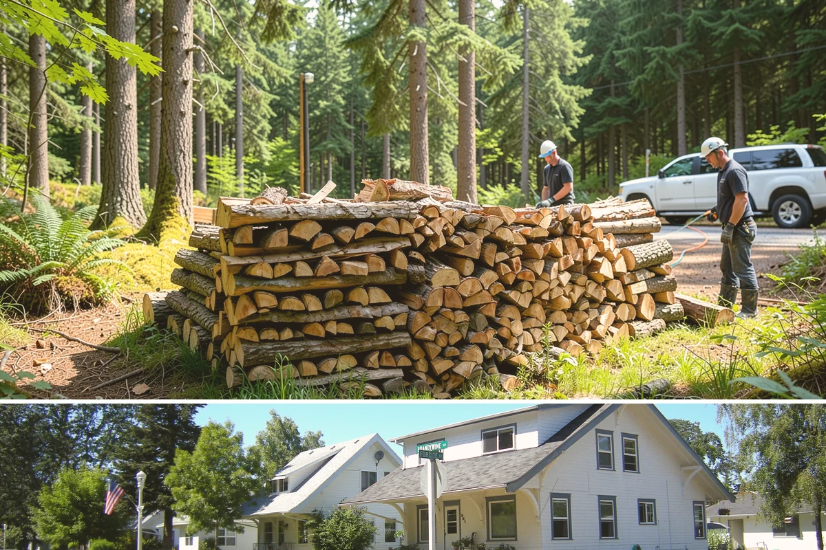 Wood Chip Cleanup in DuPont, Pierce County, WA - Anytime after a big splitting session, with spring being popular once winter processing wraps up and the ground firms.