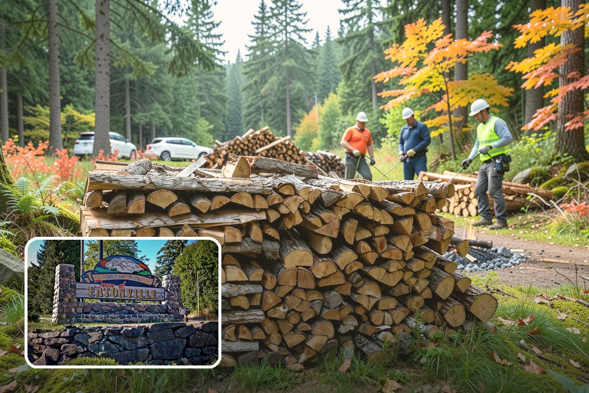 Wood Chip Cleanup in Eatonville, Pierce County, WA - Clears cluttered splitting zones for safer footing