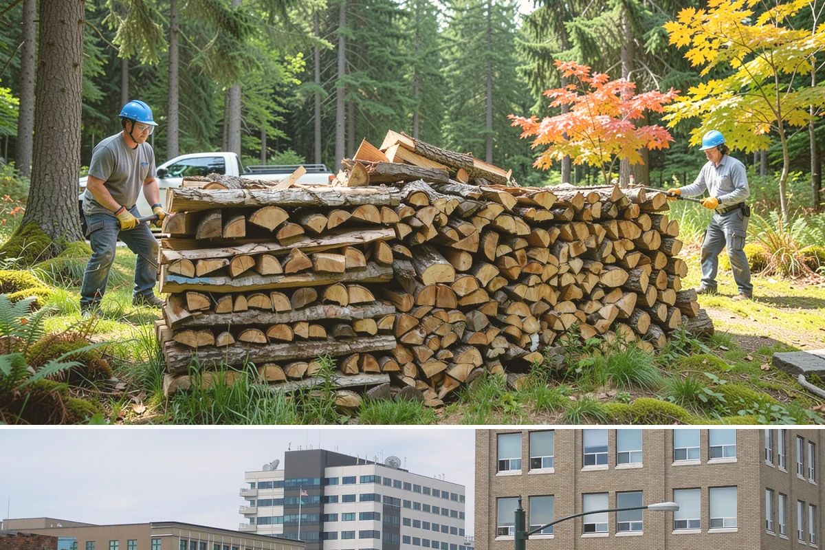 Wood Chip Cleanup in Everett, Snohomish County, WA - Anytime after a big splitting session, with spring being popular once winter processing wraps up and the ground firms.