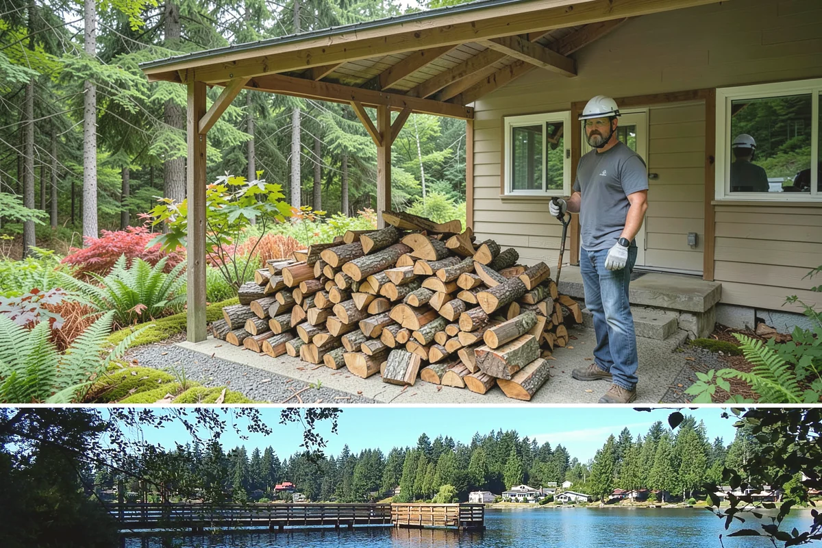 Wood Chip Cleanup in Federal Way, King County, WA - Anytime after a big splitting session, with spring being popular once winter processing wraps up and the ground firms.