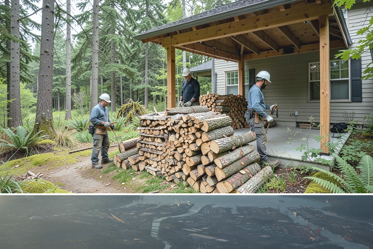 Wood Chip Cleanup in Fife, Pierce County, WA - Anytime after a big splitting session, with spring being popular once winter processing wraps up and the ground firms.