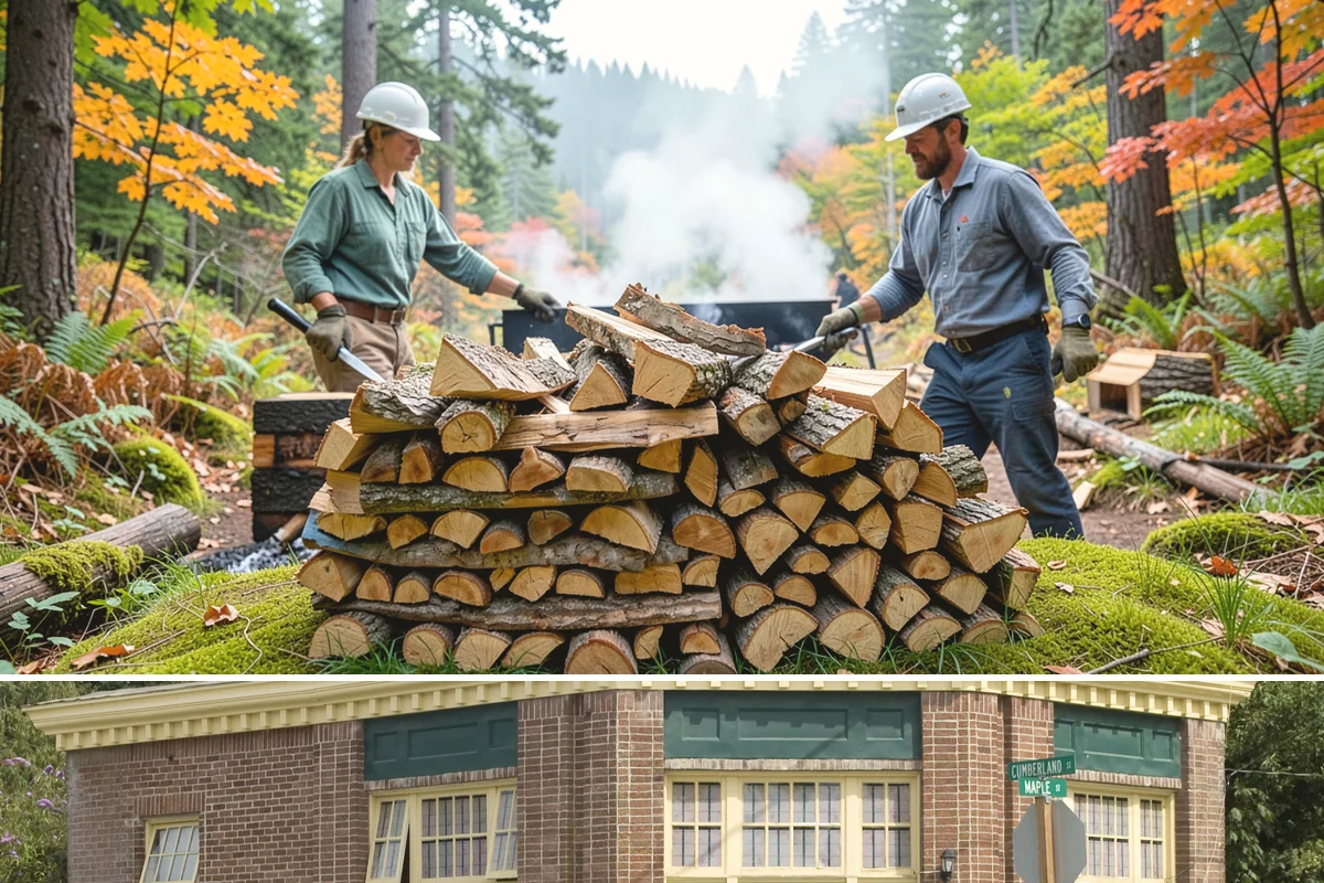 Wood Chip Cleanup in Hamilton, Skagit County, WA - Anytime after a big splitting session, with spring being popular once winter processing wraps up and the ground firms.