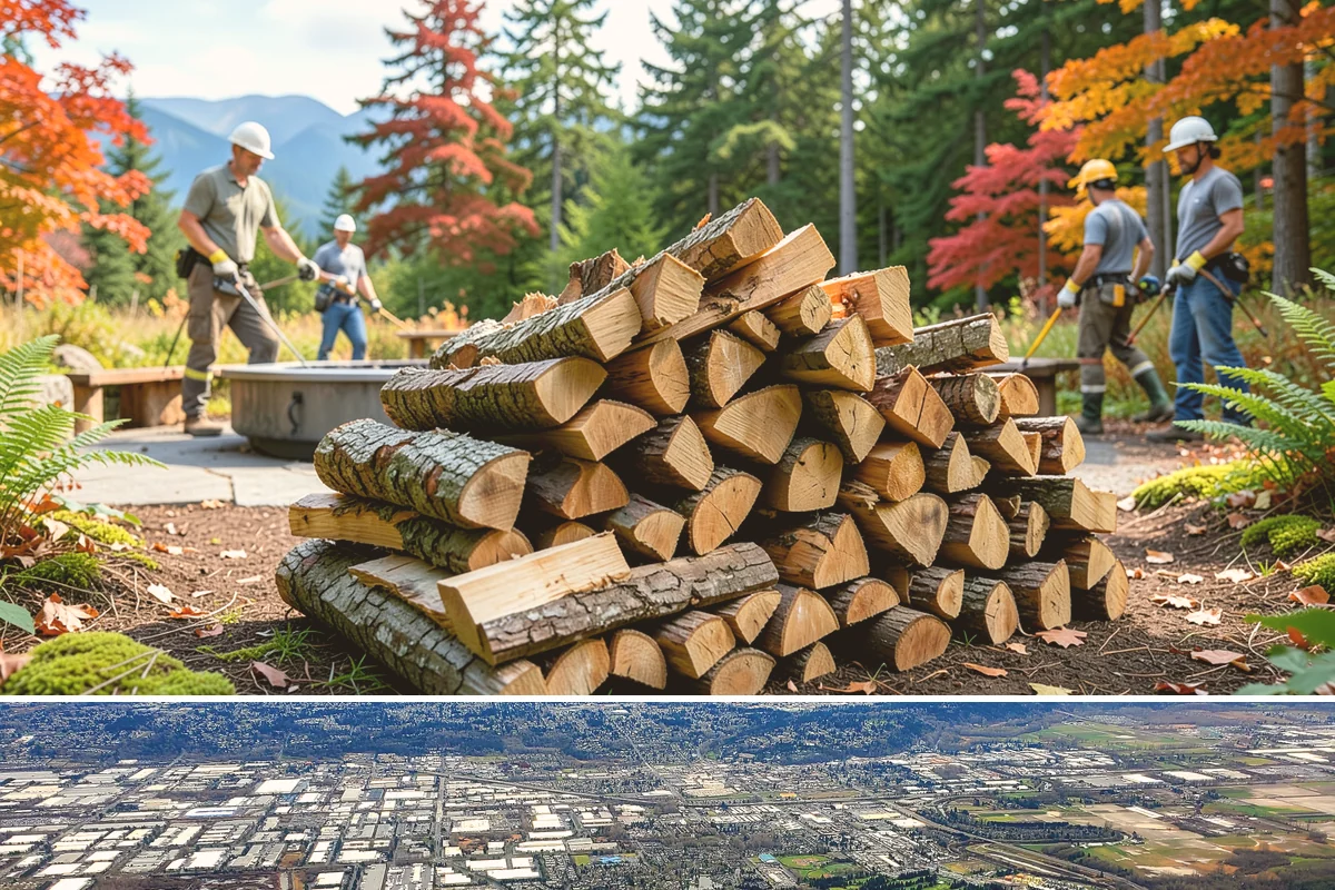 Wood Chip Cleanup in Kent, King County, WA - Anytime after a big splitting session, with spring being popular once winter processing wraps up and the ground firms.
