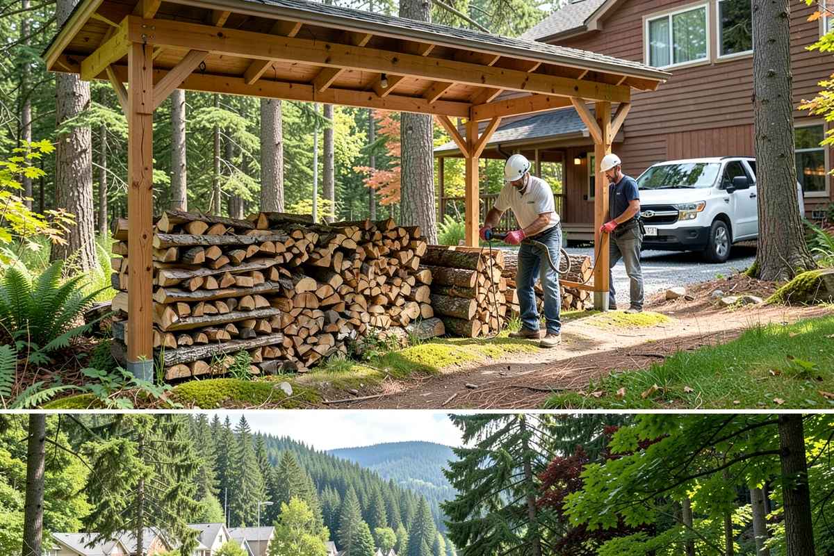 Wood Chip Cleanup in Lake Forest Park, King County, WA - Anytime after a big splitting session, with spring being popular once winter processing wraps up and the ground firms.
