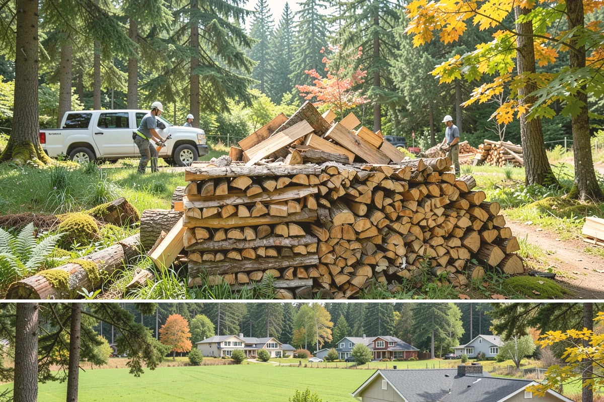 Wood Chip Cleanup in Lyman, WA - Anytime after a big splitting session, with spring being popular once winter processing wraps up and the ground firms.